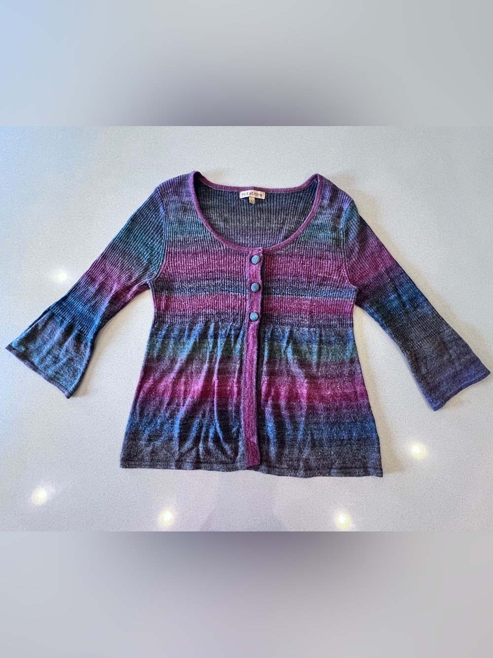 Notations Multicolor Striped Scoop-Neck Cardigan Snap 3 Button Flared Cuff Sz L